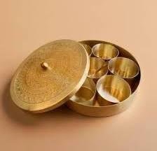 Handcrafted Brass Spice Box | Traditional Masala Storage Container with Lid