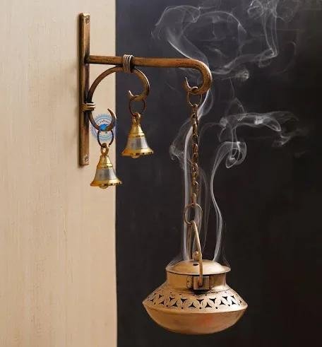 WhatsApp Image 2026-07-08 at 10.14.29 Handcrafted Brass Hanging Incense Burner | Antique Finish Wall-Mounted Dhoop Holder